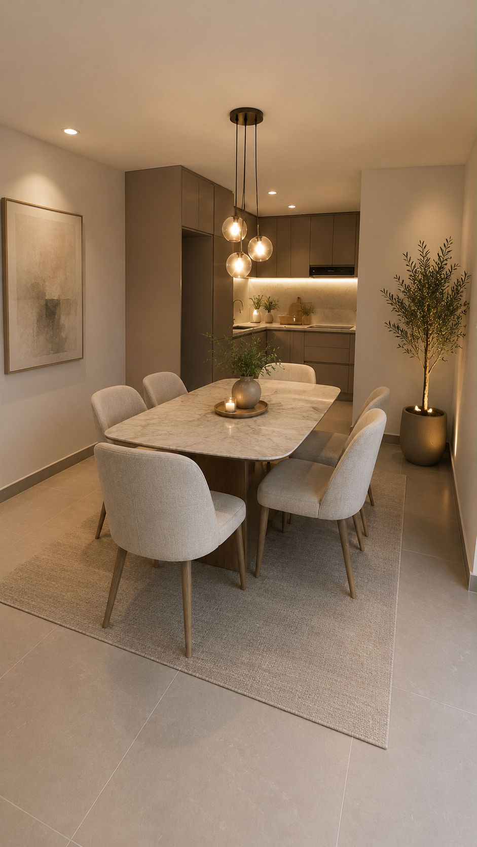 Comedor contemporáneo con mesa de mármol y sillas tapizadas